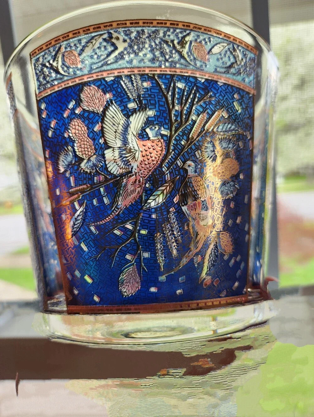 Vintage 1970s Houze Art Glass Pheasant Ice Bucket, Blue Gold Purple Cranberry 6